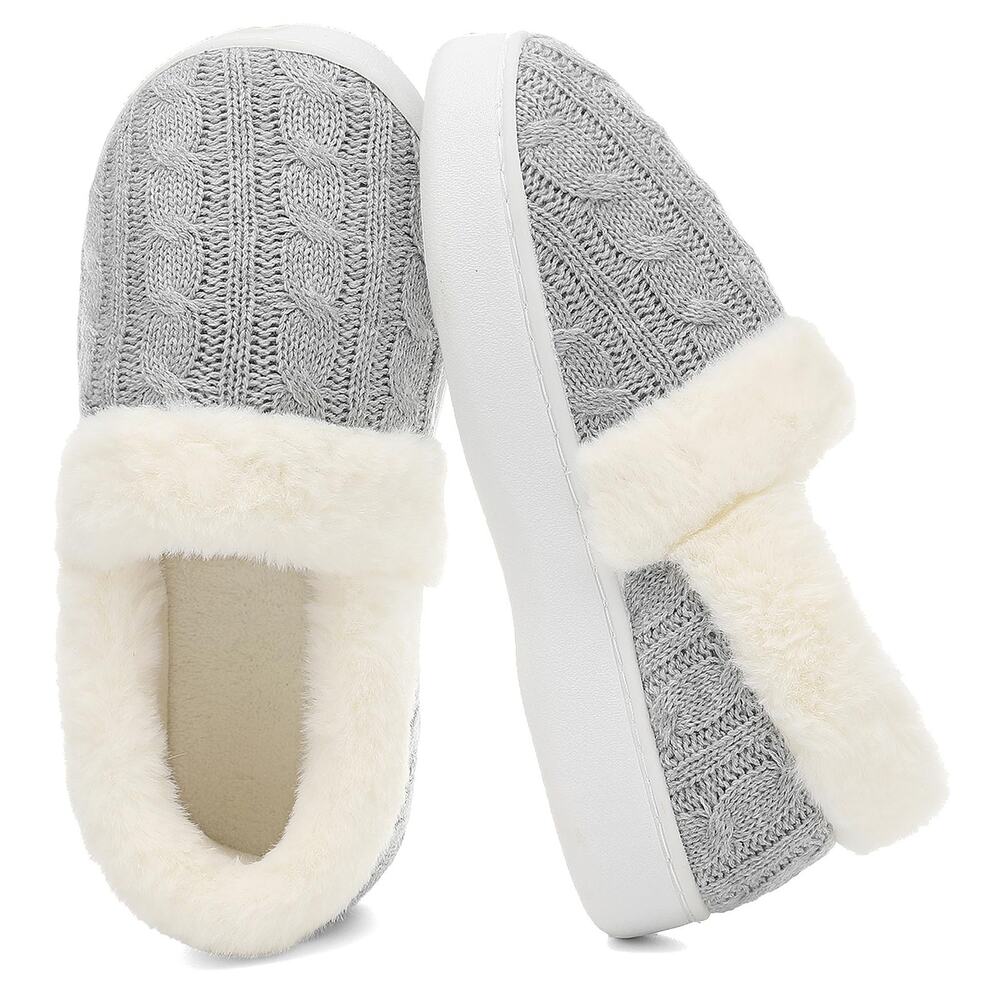 Womens Sz 7/8 Fuzzy House Slippers Cable Knit Slip On Gray White